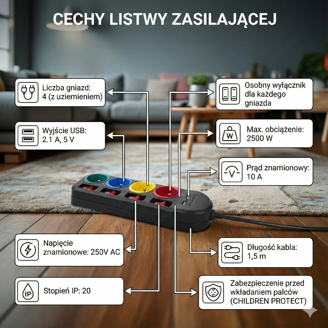 Listwa zasilająca Maclean, przedłużacz 4 gniazda + 2xUSB, z włącznikami, 250VAC/10A, 2.1A 5V, 1.5m, czarna, MCE229 B
