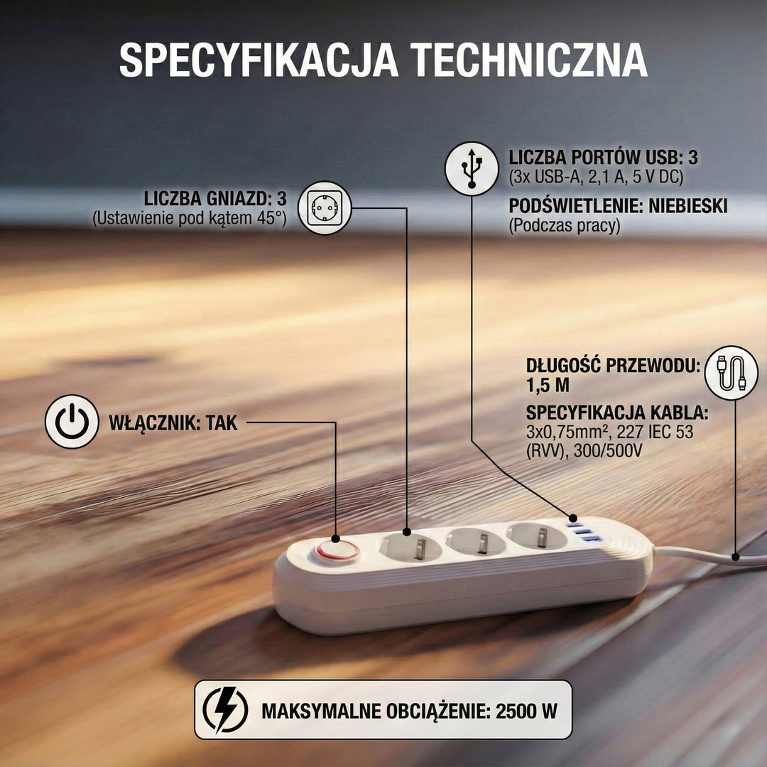 Listwa zasilająca Maclean, przedłużacz 3 gniazda + 3xUSB, 110-240V AC 50/60Hz, 2.1A max 2500W, 1,5m, biała, MCE394 W