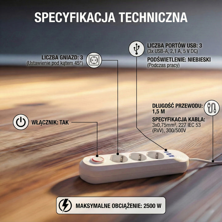 Listwa zasilająca Maclean, przedłużacz 3 gniazda + 3xUSB, 110-240V AC 50/60Hz, 2.1A max 2500W, 1,5m, biała, MCE394 W