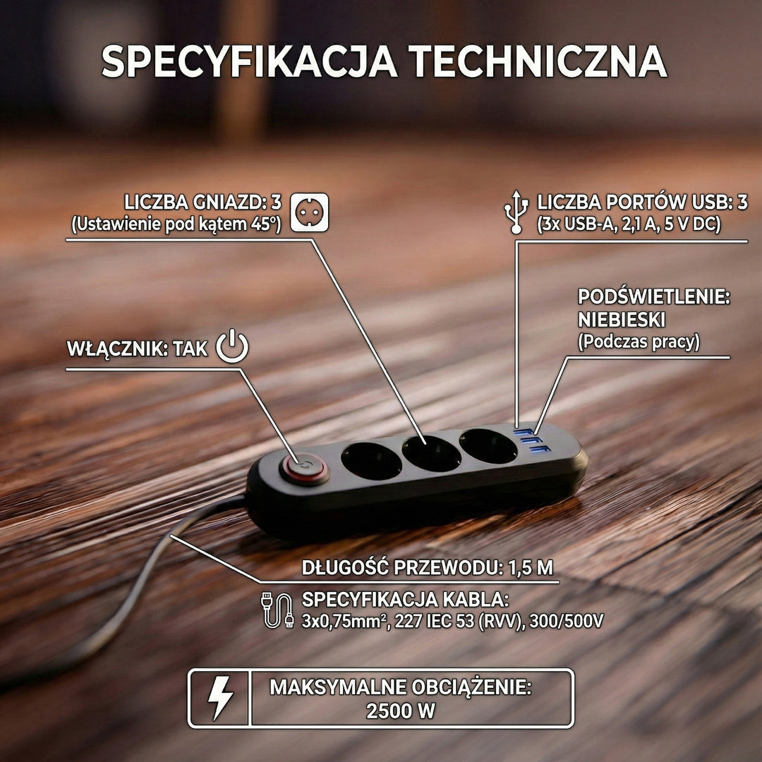 Listwa zasilająca Maclean, przedłużacz 3 gniazda + 3xUSB, 110-240V AC 50/60Hz, 2.1A max 2500W, 1,5m, czarna, MCE394 B
