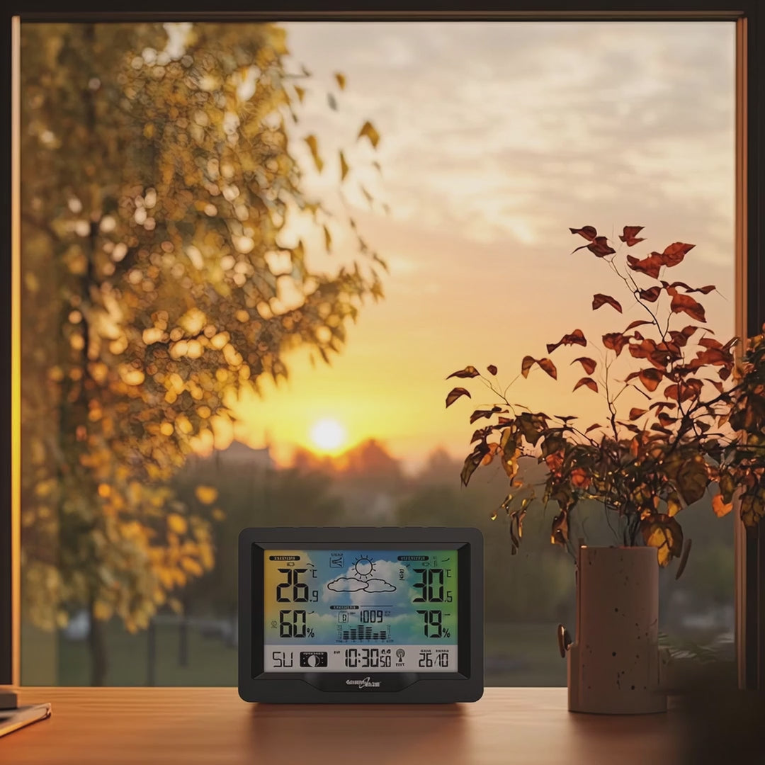 Stacja pogodowa bezprzewodowa GreenBlue, kolorowa, z systemem DCF, fazy księżyca, barometr, kalendarz, zasilacz, GB540N