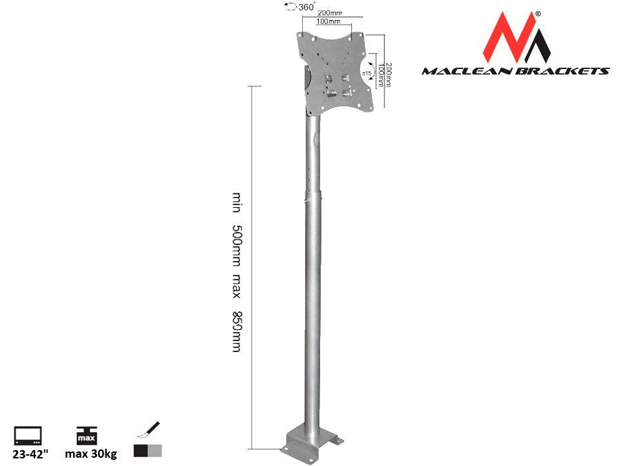 Uchwyt do telewizora sufitowy Maclean, 23-42", 50~85cm, 30kg, srebrny, MC-504A S