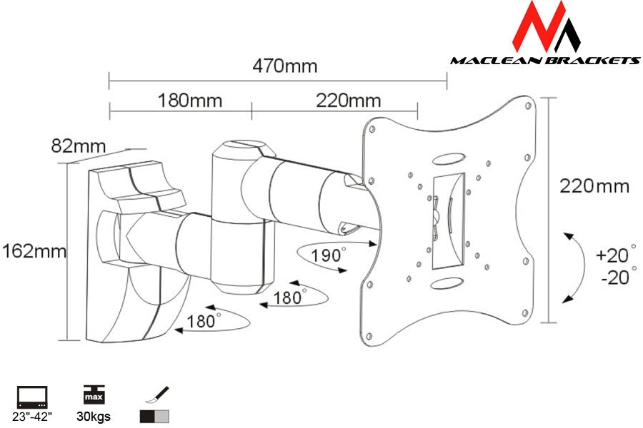 Uchwyt do telewizora lub monitora Maclean, uniwersalny, max VESA 200x200, 23-50", 30 kg, srebrny, MC-503A S