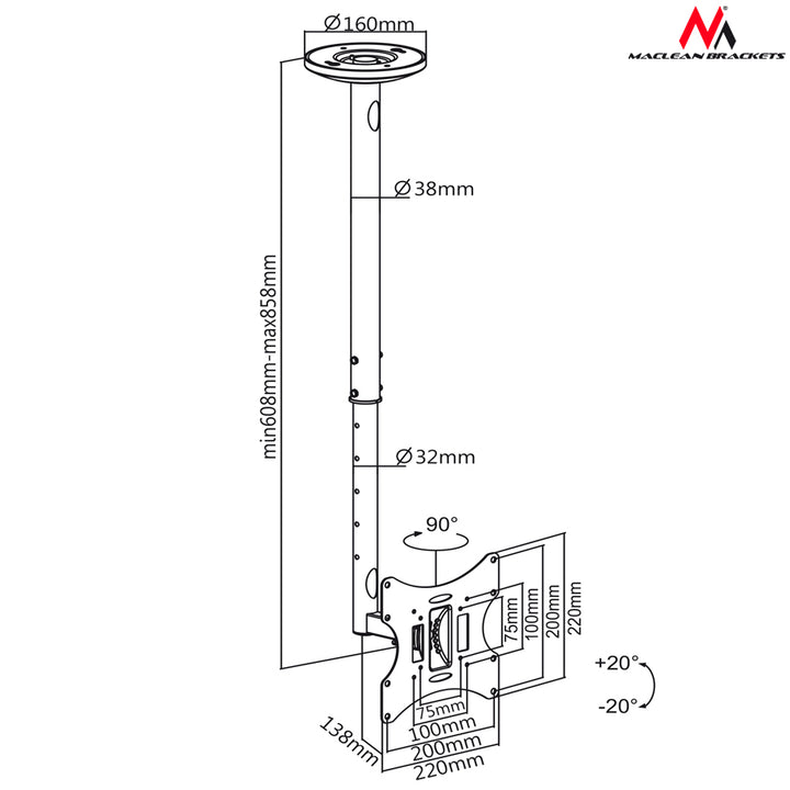 Uchwyt do telewizora sufitowy 23-42" 50 - 85 cm 30kg Maclean MC-504A B czarny