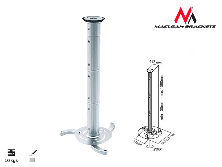 Uchwyt do projektorów sufitowy srebrny od 80mm do 980mm Maclean MC-517