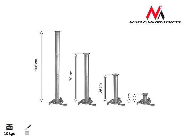 Uchwyt do projektorów sufitowy srebrny od 80mm do 980mm Maclean MC-517