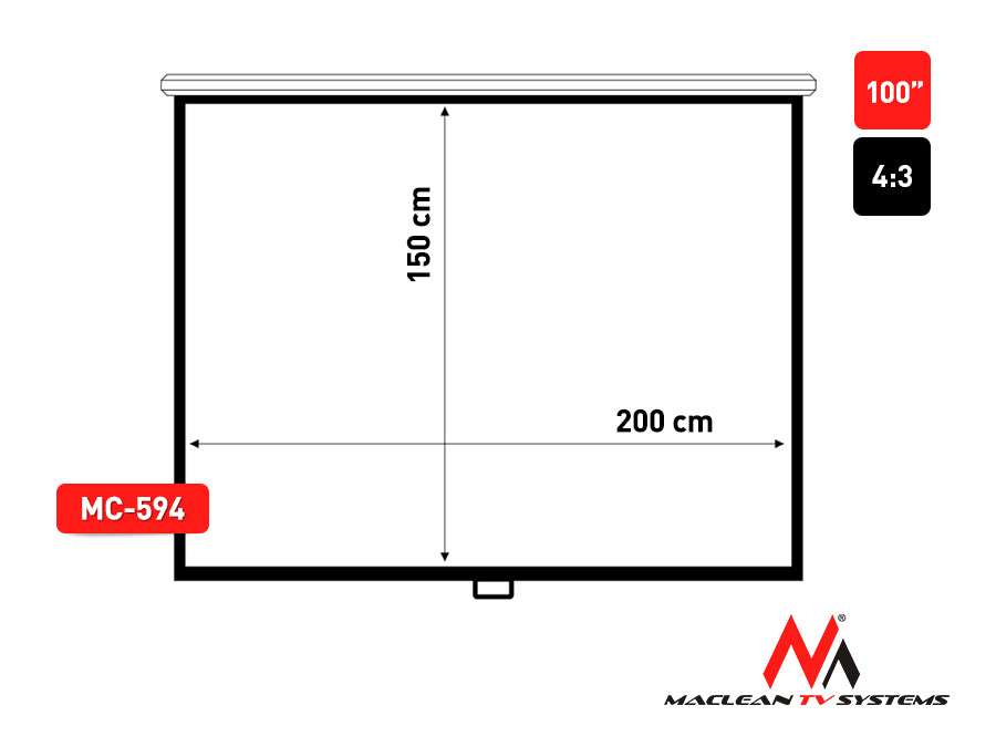 Ekran projekcyjny Maclean MC-594, auto-lock, biały matowy, ściana lub sufit, 100", 4:3, 200x150