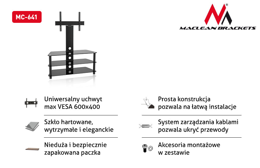 STOLIK POD TELEWIZOR LCD LED PLAZMA PANCERNE SZKŁO MC-641 do 55" 40kg max vesa 600x400