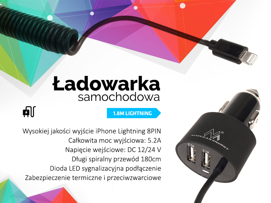 Ładowarka samochodowa Maclean, Lightning spiralny, 2xUSB, 5.2A, 1.8m, MCE76