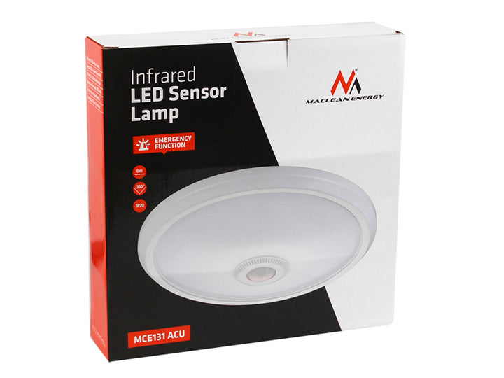 Plafon LED 12W z czujnikiem pir i zasilaniem awaryjnym Maclean Energy MCE131 ACU zasięg 6m