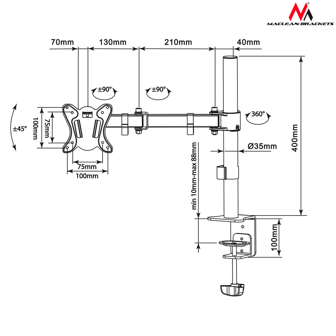 Uchwyt biurkowy do monitora LCD Maclean, 13"-27", VESA 75x75 oraz 100x100, 8kg, MC-690N