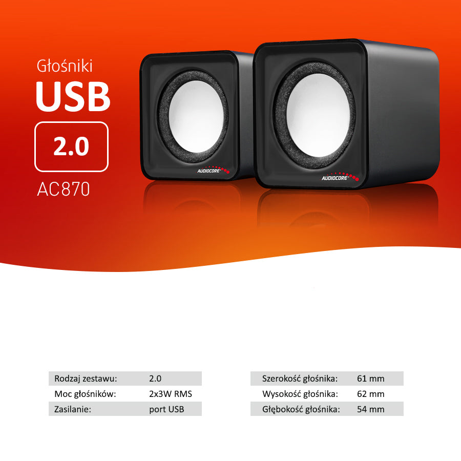 Głośniki komputerowe 6W USB Silver&Black Audiocore AC870 B