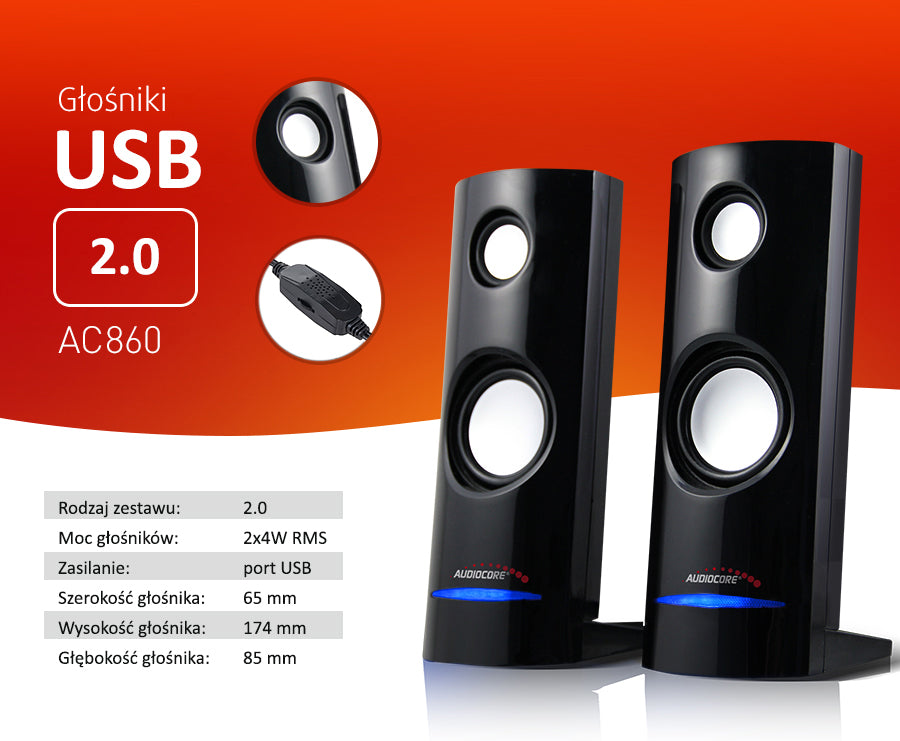 Głośniki komputerowe 8W zasilanie USB Black Audiocore AC860