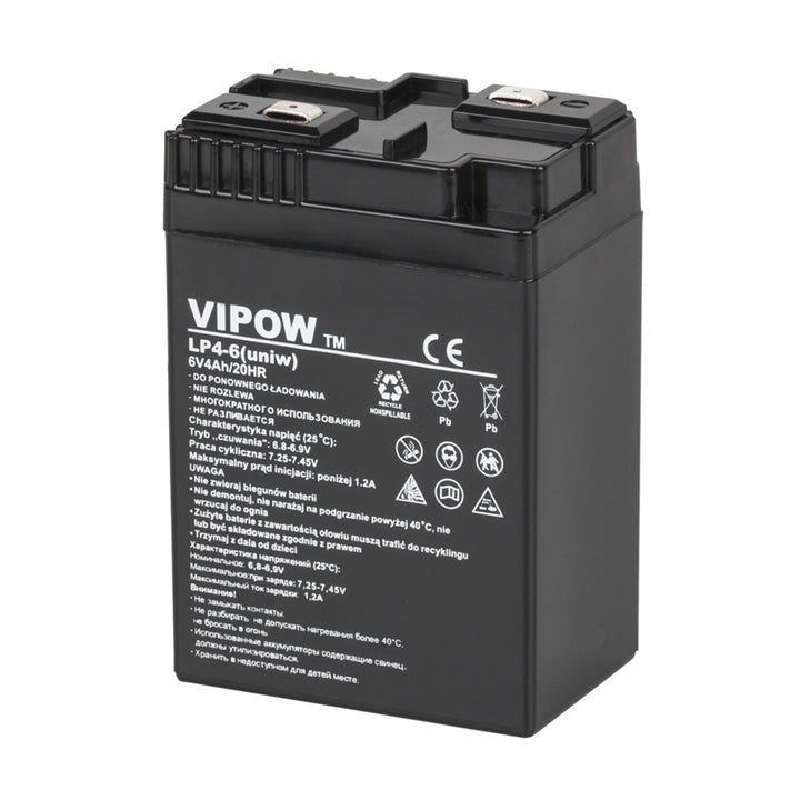 Akumulator żelowy Vipow, bezobsługowy, długa żywotność, 6V 4Ah, BAT0204