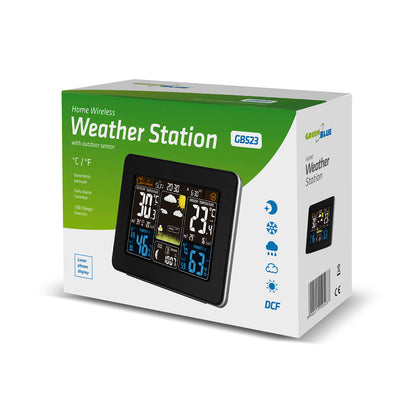 Stacja pogody bezprzewodowa GreenBlue, kolorowa, z systemem DCF, fazy księzyca, GB523