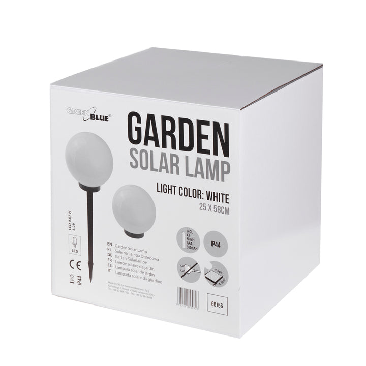 Solarna lampa GreenBlue, wolnostojąca, ogrodowa, kula 25x25x58cm, bialy LED, GB166