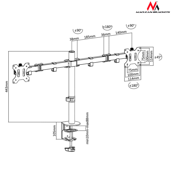 Maclean MC-754 Uchwyt biurkowy na 2 monitory 13-32"