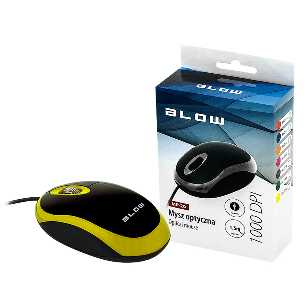 Mysz optyczna Blow, USB, 1000 DPI, uniwersalna, żółta, MP-20