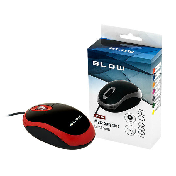 Mysz optyczna Blow, USB, 1000 DPI, czerwona, MP-20