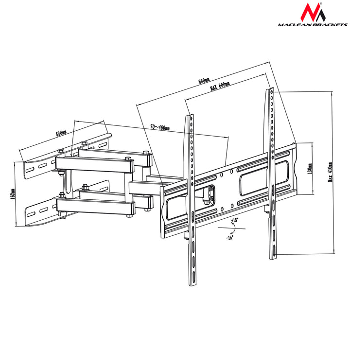 Uchwyt do telewizora lub monitora Maclean, uniwersalny, max VESA 600x400, 37-80", 30kg, czarny, MC-762