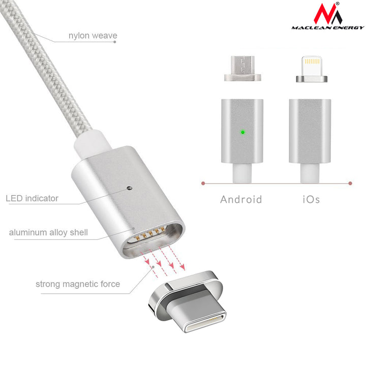 Kabel USB Type-C Maclean Energy MCE178  magnetyczny silver