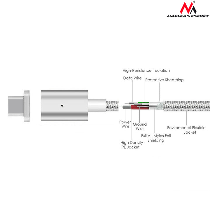 Kabel USB Type-C Maclean Energy MCE178  magnetyczny silver