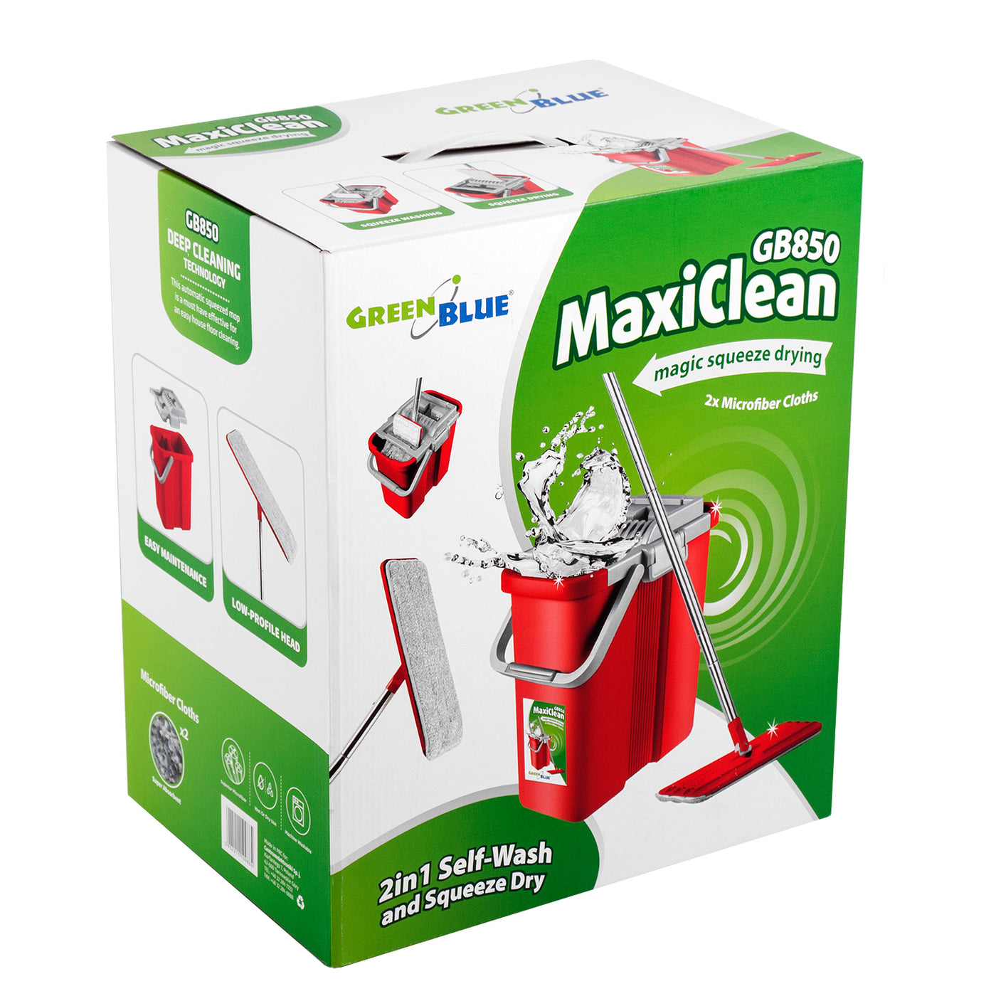 Mop płaski z wiadrem i wyciskaczem GreenBlue MaxiClean GB850 + dwa wkłady microfibra HQ