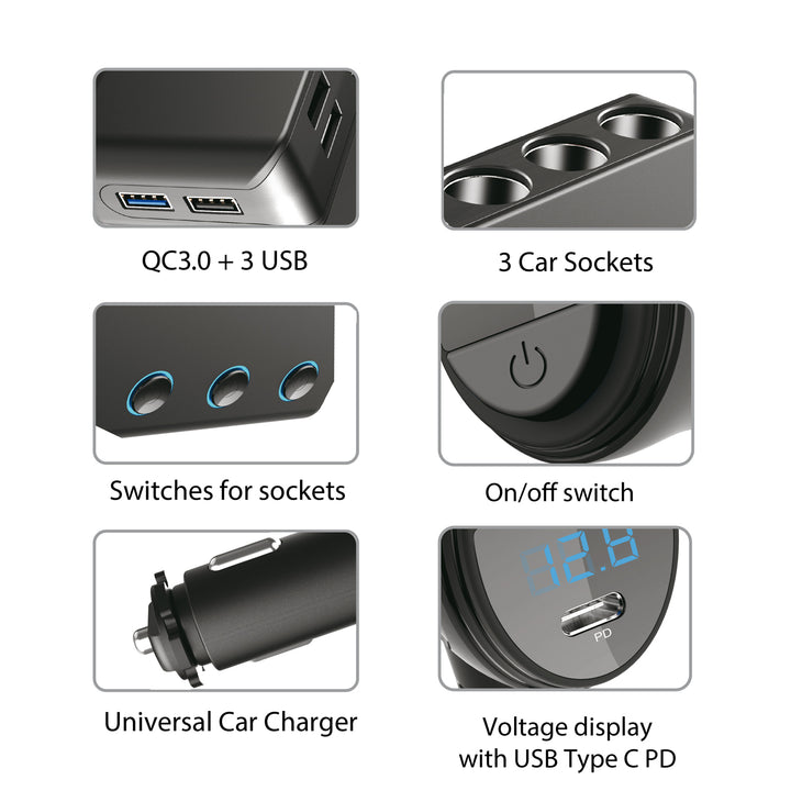 Rozdzielacz gniazda zapalniczki samochodowej, woltomierz, 3 gniazda zapalniczki, 1xQuick Charge 3.0, 3xUSB 6,8A, 1x Power Delivery 18W, Maclean MCE218, Max 120W