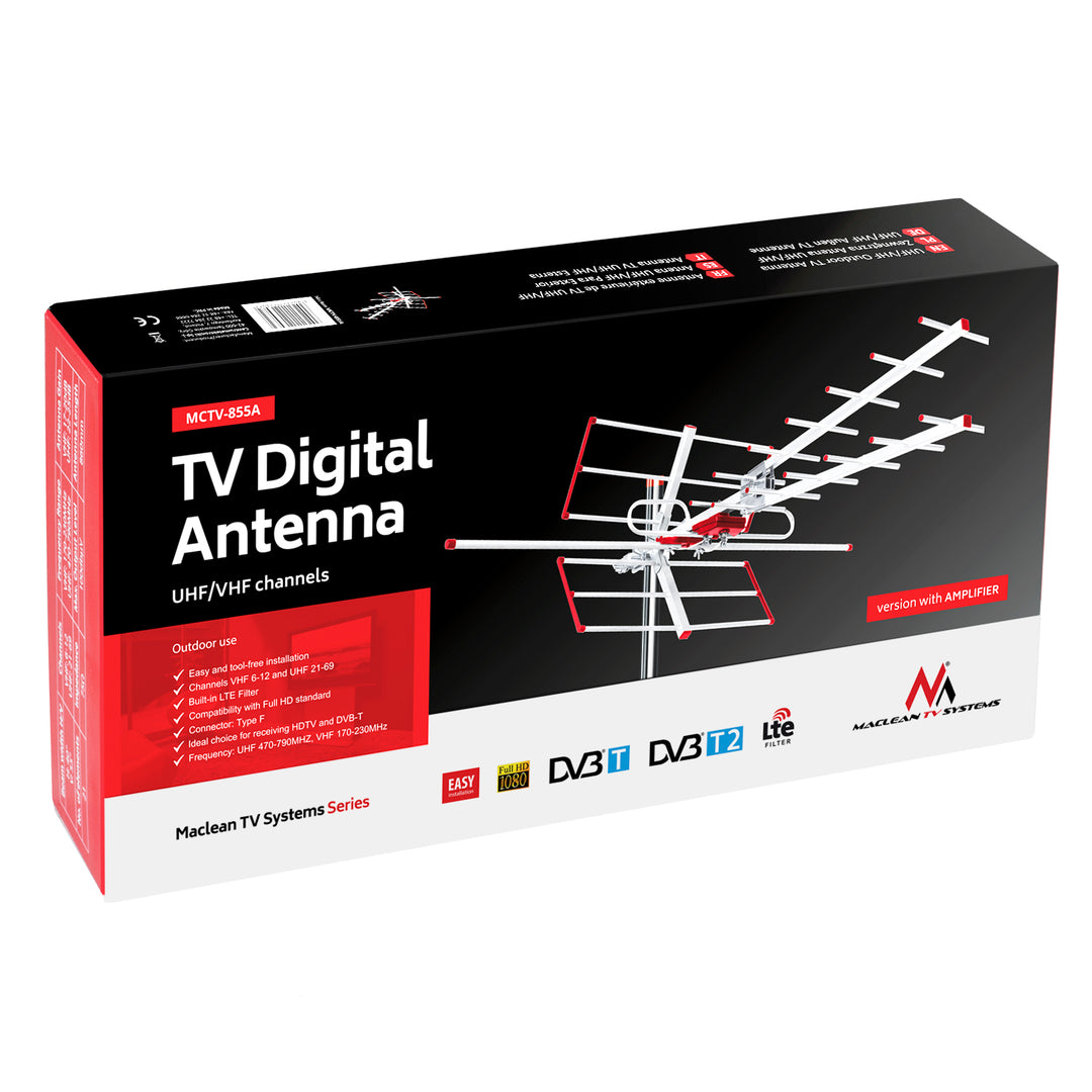 Antena zewnętrzna TV DVB-T/T2 HEVC Combo UHF VHF aktywna max 100dBµV Maclean MCTV-855 filtr Lte