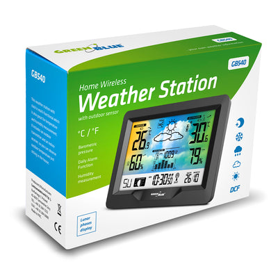 Stacja pogody bezprzewodowa kolorowa z systemem DCF GreenBlue GB540, fazy księżyca, barometr, kalendarz