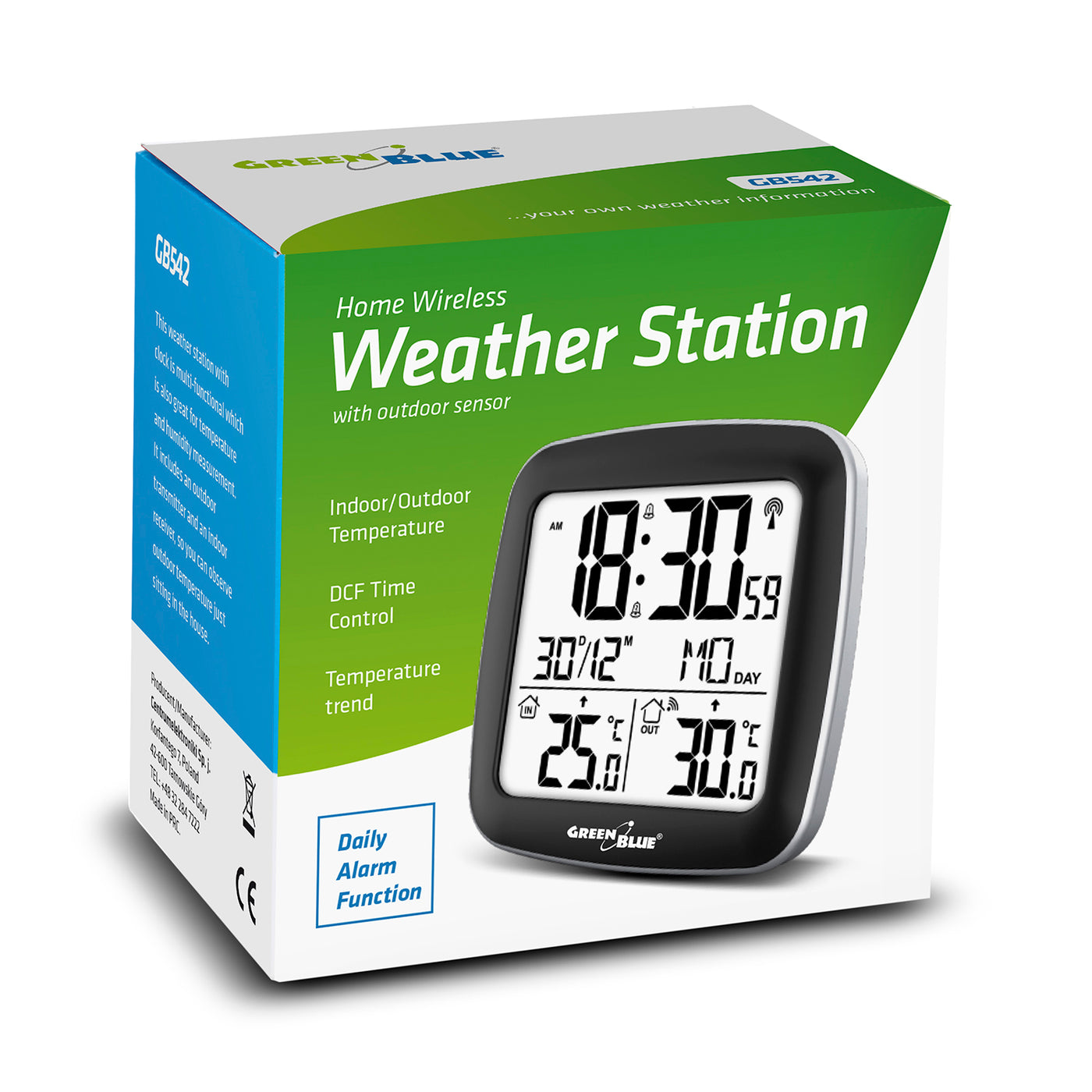 Stacja pogody bezprzewodowa z systemem DCF GreenBlue GB542 kalendarz, alarm