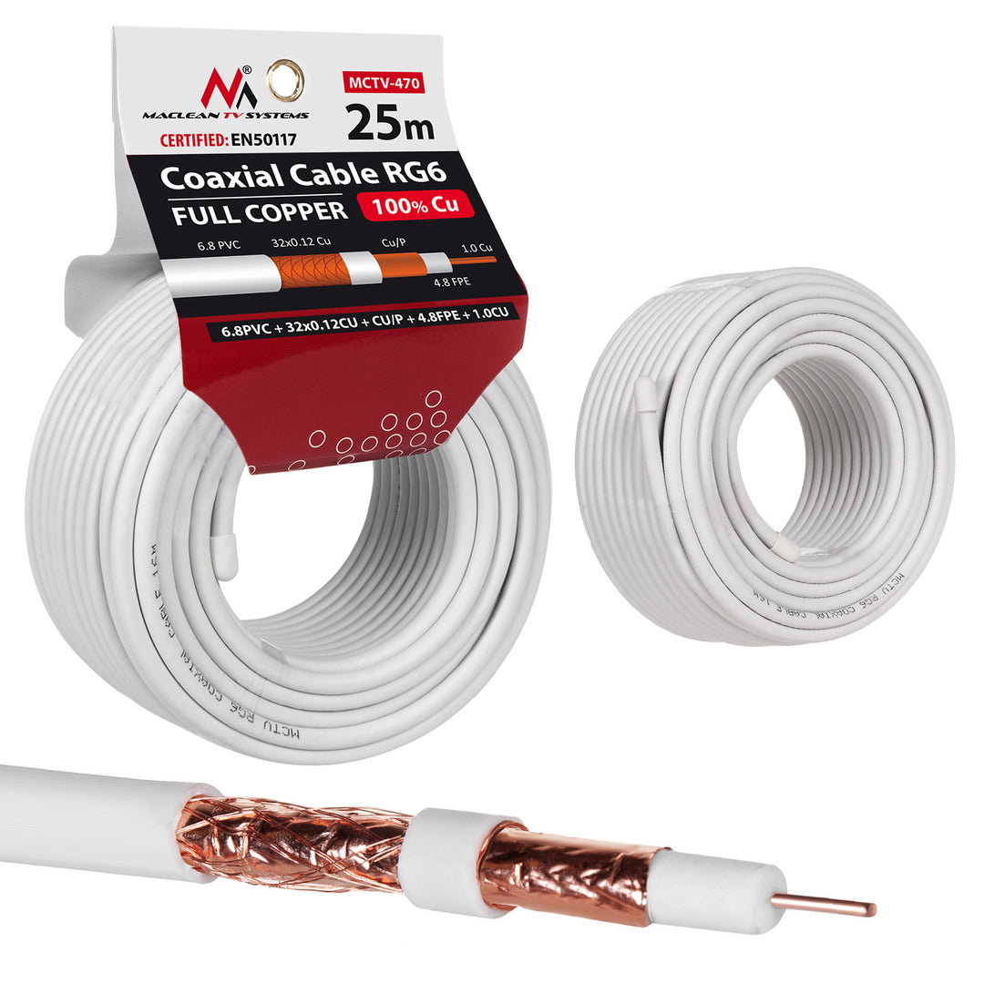 Kabel przewód koncentryczny satelitarny RG6 25M Maclean MCTV-470 1.02CU+4.8FPE+CU/P+32*0.12CU+6.8PVC