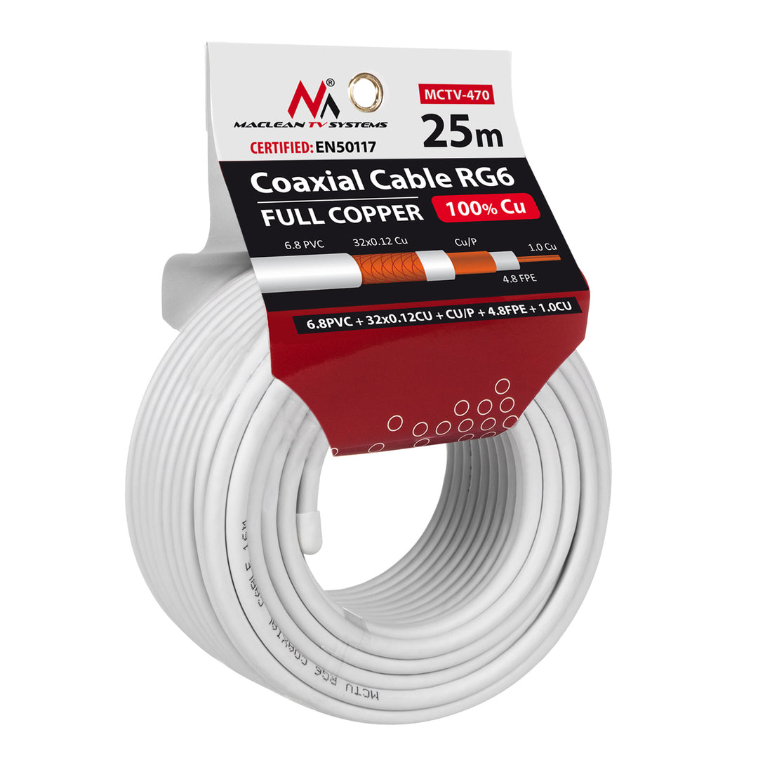 Kabel przewód koncentryczny satelitarny RG6 25M Maclean MCTV-470 1.02CU+4.8FPE+CU/P+32*0.12CU+6.8PVC