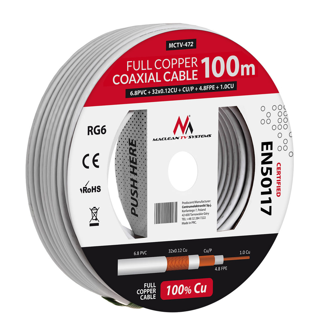 Kabel przewód koncentryczny satelitarny RG6 100M Maclean MCTV-472 1.02CU+4.8FPE+CU/P+32*0.12CU+6.8PVC