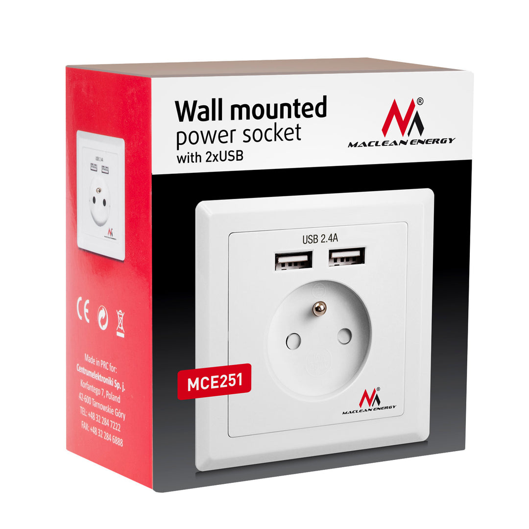 Gniazdko prądowe do zabudowy z 2xUSB Maclean Energy MCE251 USB 5V, 2.4A 86x86mm