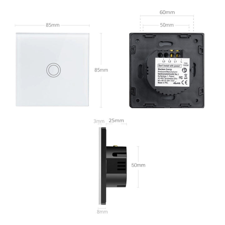 Dotykowy włącznik światła, pojedyńczy, szklany, biały z okrągłym przyciskiem Maclean Energy MCE702W, wymiary 86x86mm, z podświetleniem przycisku