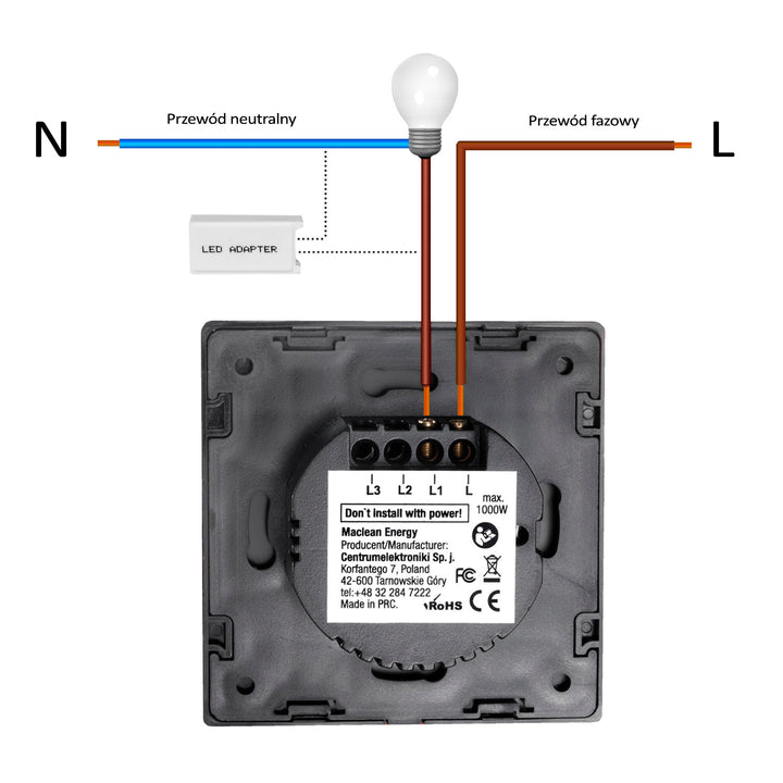 Dotykowy włącznik światła, pojedyńczy, szklany, biały z okrągłym przyciskiem Maclean Energy MCE702W, wymiary 86x86mm, z podświetleniem przycisku