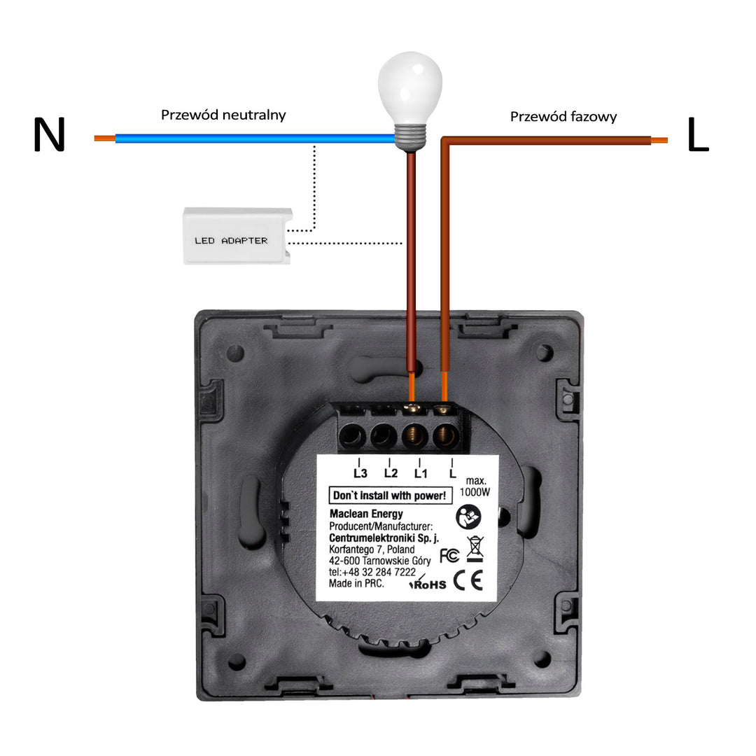 Dotykowy włącznik światła, potrójny, szklany, biały z okrągłym przyciskiem Maclean Energy MCE705W, wymiary 86x86mm, z podświetleniem przycisku