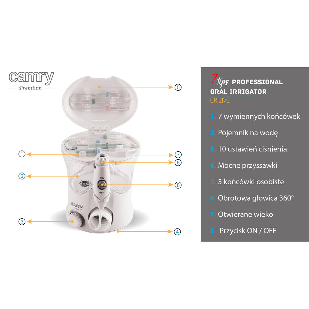 Irygator Camry CR 2172 z 7 końcówkami i pojemnikiem o pojemności 600 ml