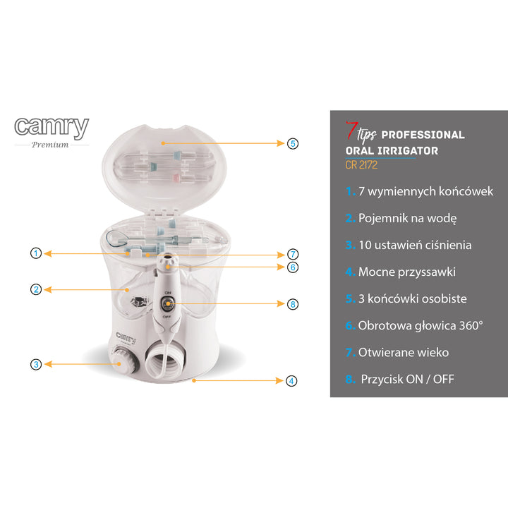 Irygator Camry CR 2172 z 7 końcówkami i pojemnikiem o pojemności 600 ml