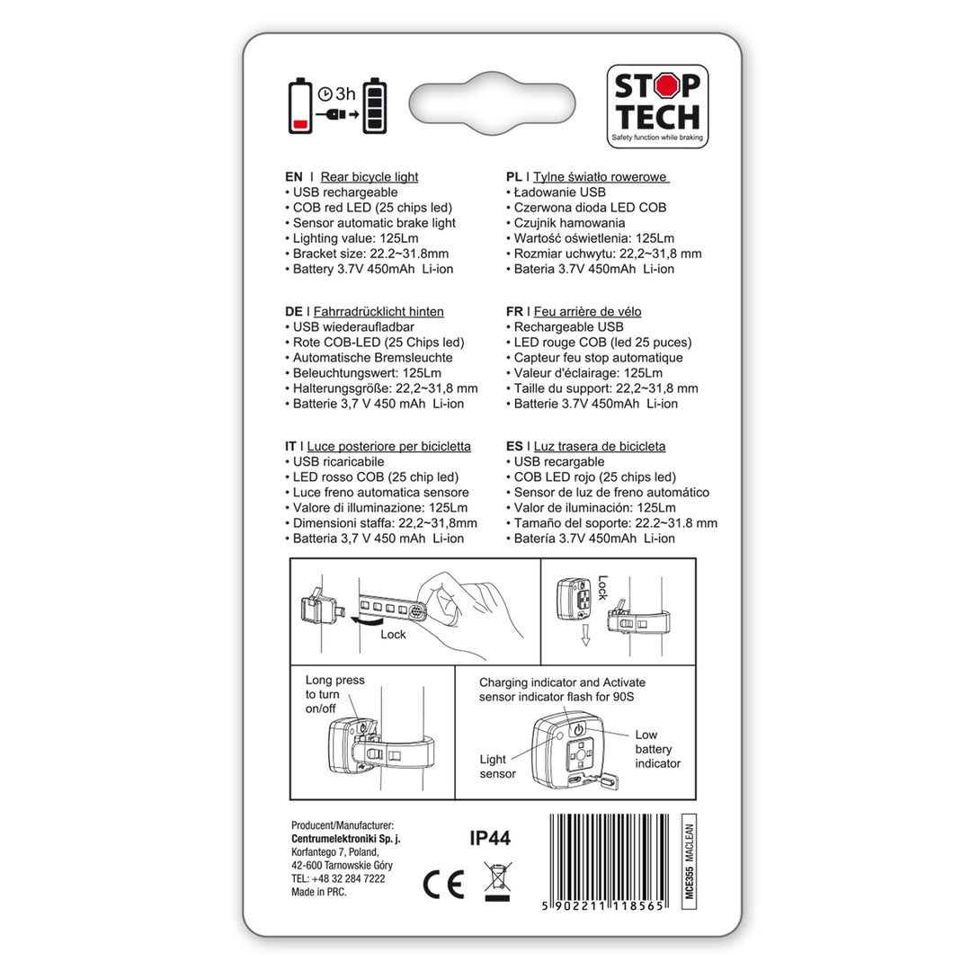 Lampka rowerowa tylna USB AUTO STOP sensor zmierzchu Maclean Energy MCE355 COB LED max.125lm acu 450mAh