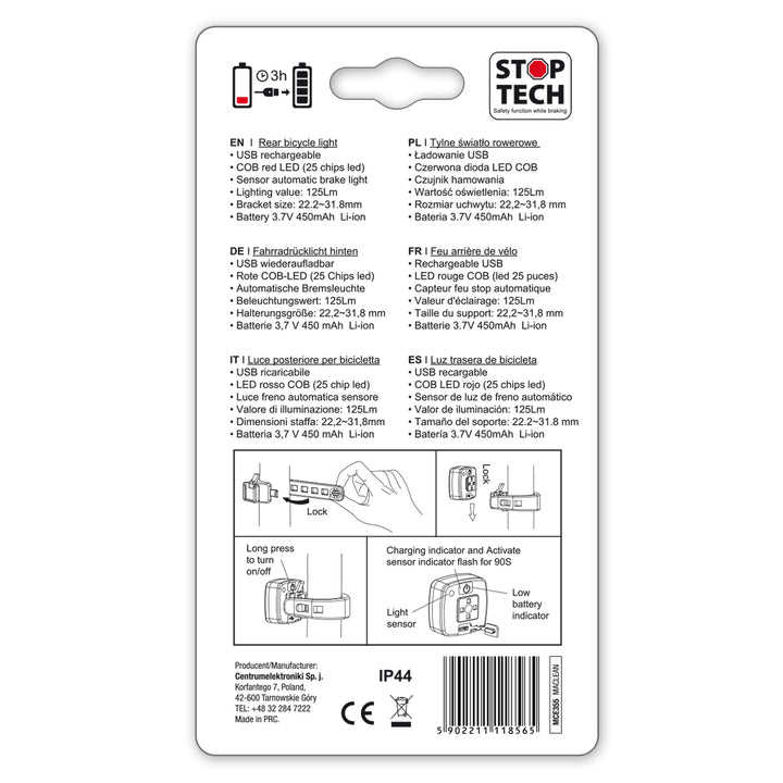 Lampka rowerowa tylna USB AUTO STOP sensor zmierzchu Maclean Energy MCE355 COB LED max.125lm acu 450mAh