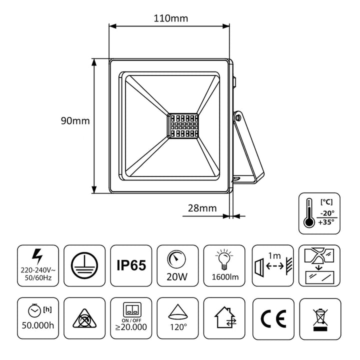 Naświetlacz LED slim 20W, 1600lm Warm White (3000K) Maclean Energy MCE520 WW, IP65, PREMIUM