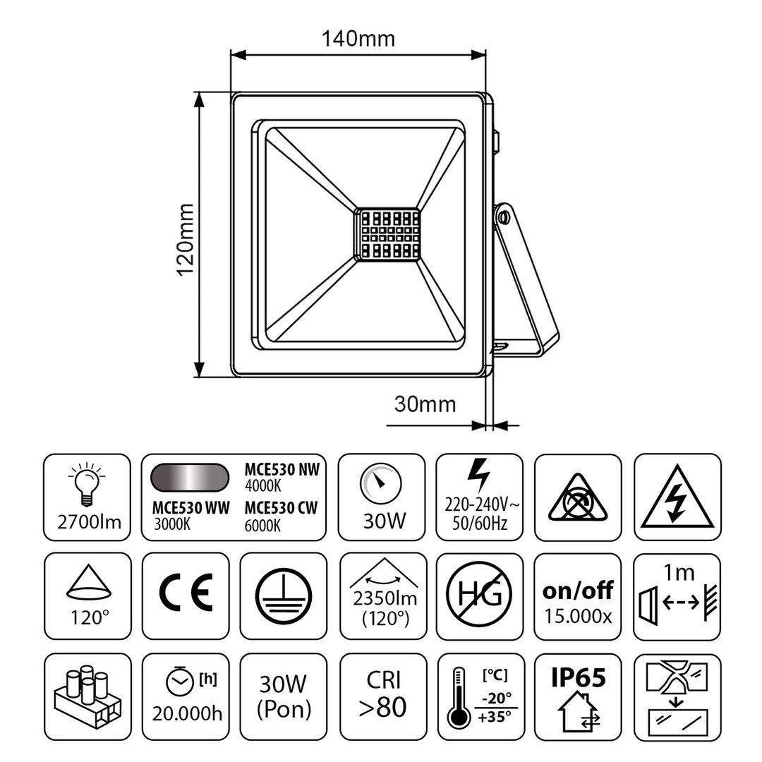 Naświetlacz LED slim 30W, 2400lm Cold White (6000K) Maclean Energy MCE530 CW, IP65, PREMIUM