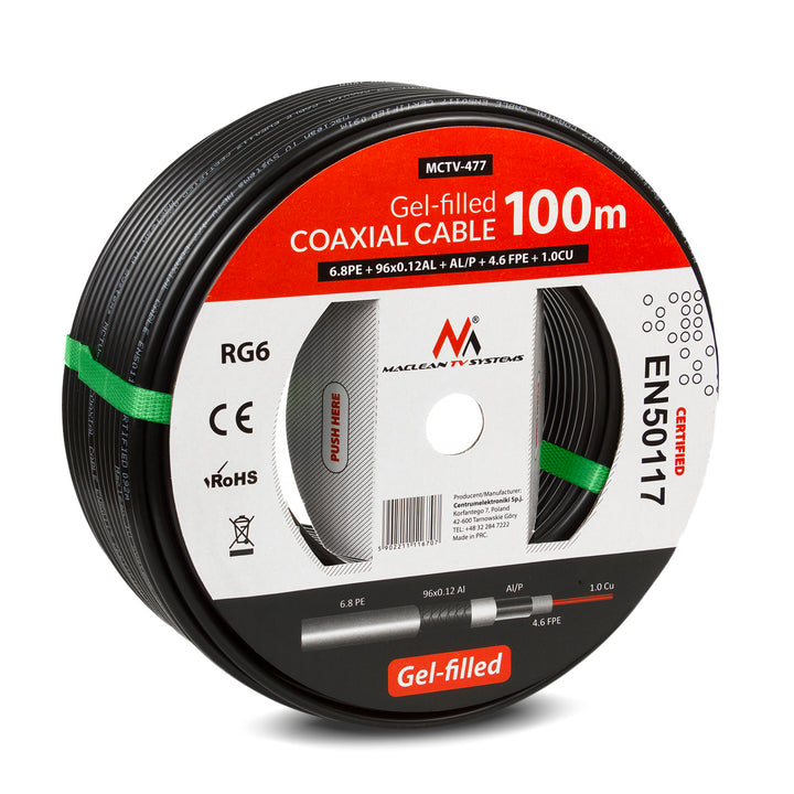 Kabel przewód koncentryczny żelowany satelitarny RG6 100M Maclean MCTV-477 1.0CU+4.6FPE+AL/P+96*0.12AL+6.8PE