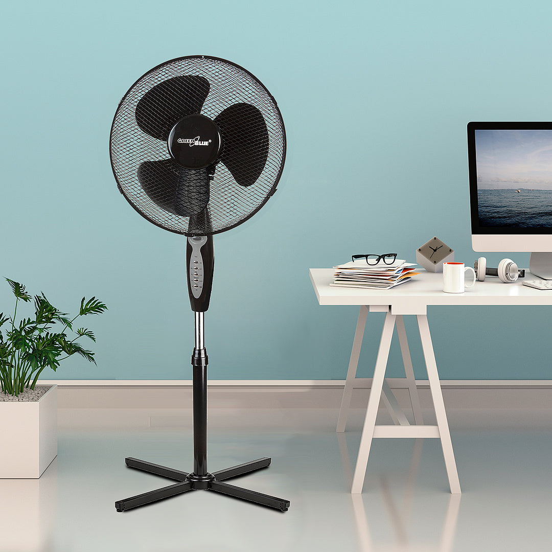 Wentylator podłogowy GreenBlue 40W z 3 poziomami siły nawiewu 1.25m wysokości 1,5m przewodu z pilotem i timerem do 7,5h GB580