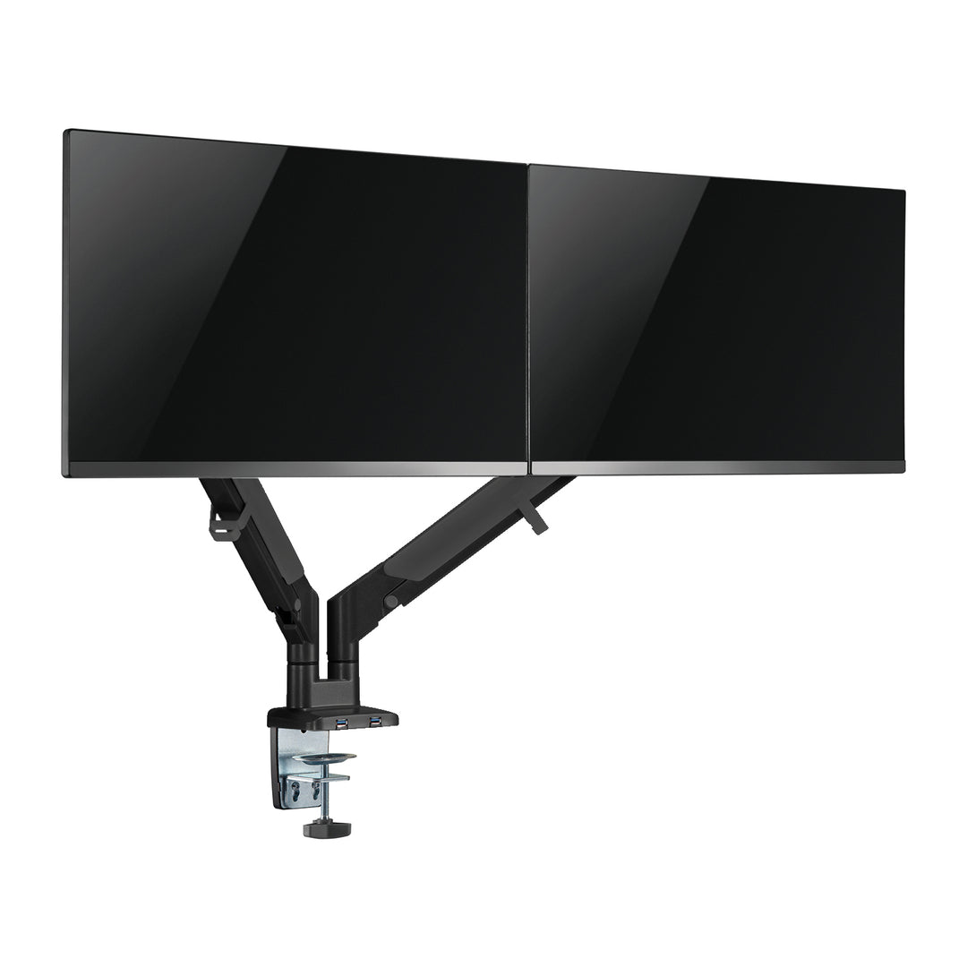 Uchwyt biurkowy do monitora podwójne ramię matowy czarny Ergo Office, ze sprężyną gazową, 17"-32", 9 kg, 2x USB 3.0, ER-406B