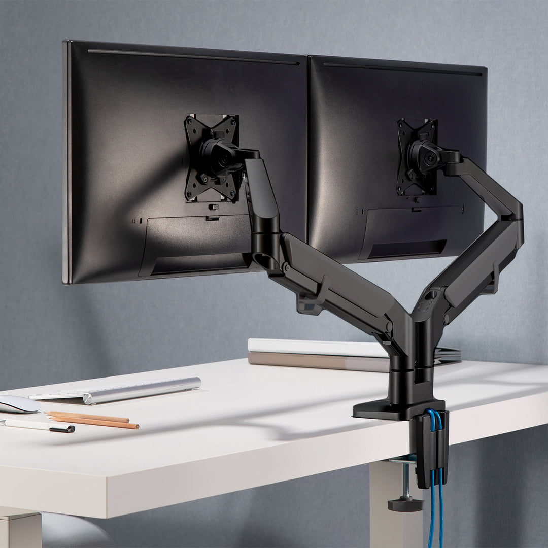 Uchwyt biurkowy do monitora podwójne ramię matowy czarny Ergo Office, ze sprężyną gazową, 17"-32", 9 kg, 2x USB 3.0, ER-406B