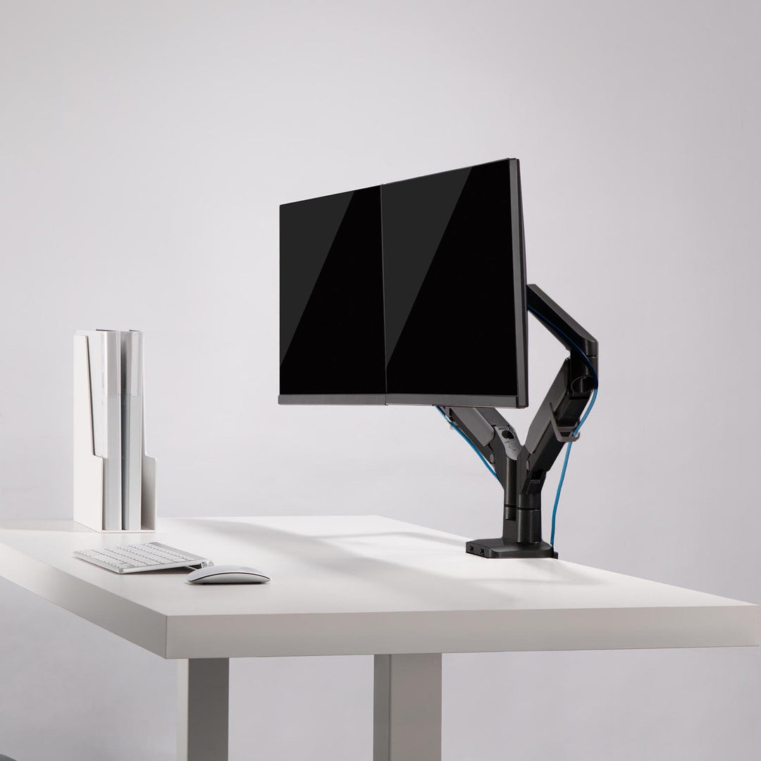 Uchwyt biurkowy do monitora podwójne ramię matowy czarny Ergo Office, ze sprężyną gazową, 17"-32", 9 kg, 2x USB 3.0, ER-406B