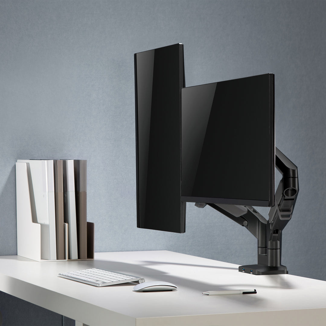 Uchwyt biurkowy do monitora podwójne ramię matowy czarny Ergo Office, ze sprężyną gazową, 17"-32", 9 kg, 2x USB 3.0, ER-406B